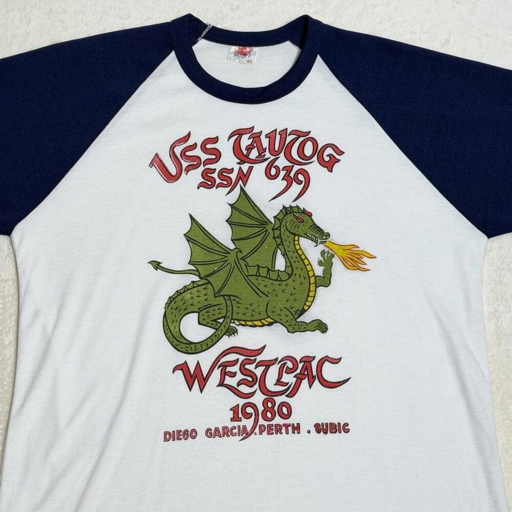 Vintage 80s USS Tautog SSN 939 Attack Submarine Pearl Harbor Dragon Shirt
